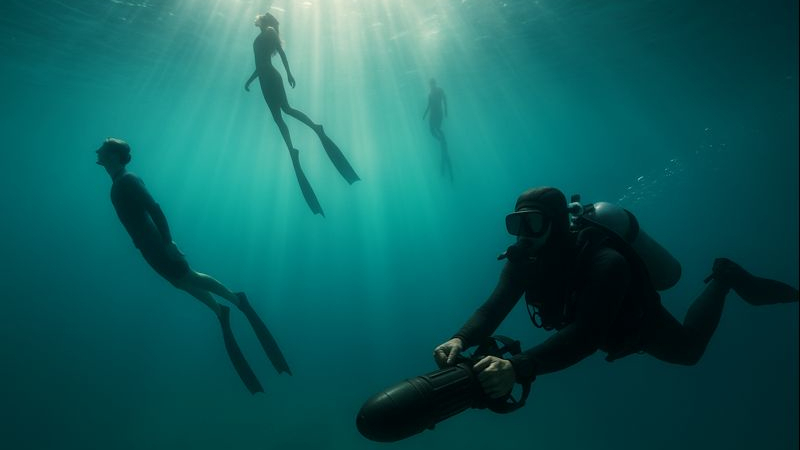 Group of freedivers underwater with an instructor